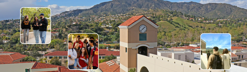Photo collage of clock tower and students on campus