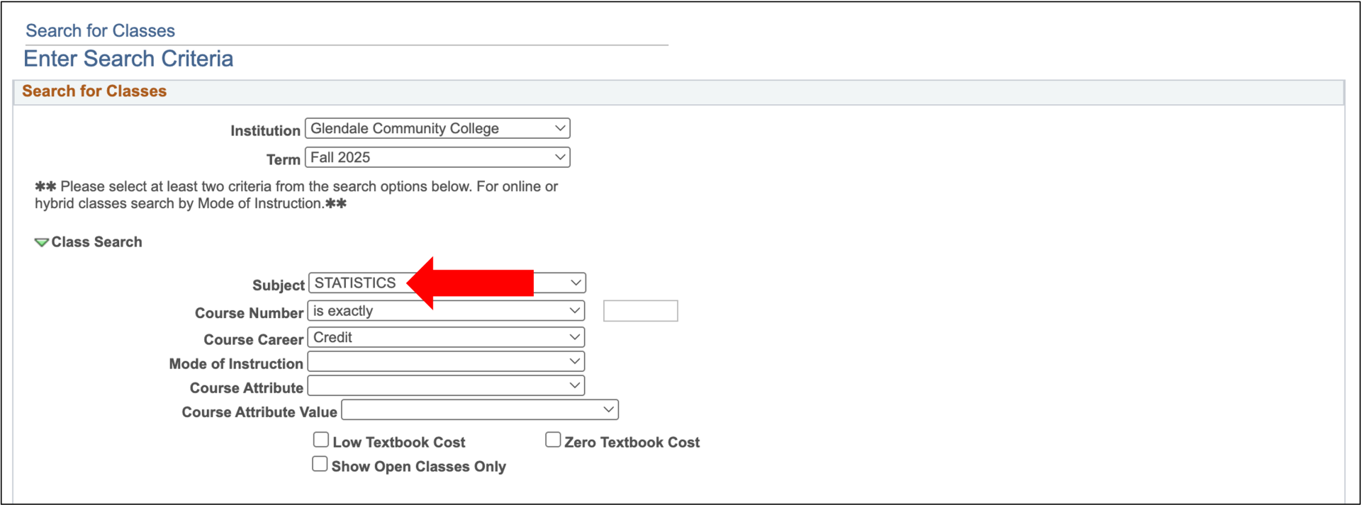 screenshot from class search pointing to Statistics as the subject to search